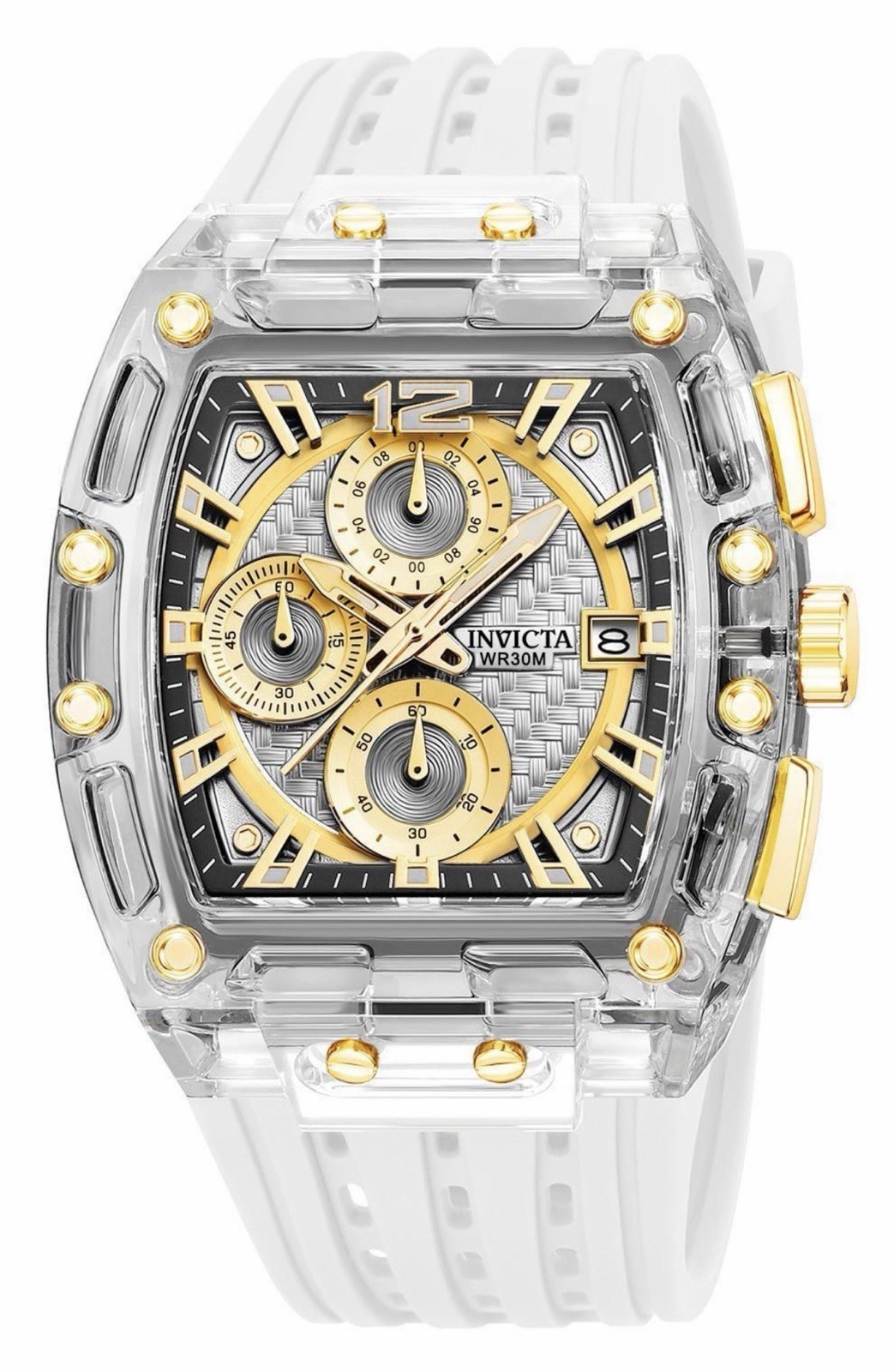 Invicta S1 Rally 70147 Men\'s 42mm Transparent Case Gold White Silicone Watch Invicta S1 Rally 70147 Men\'s 42mm Transparent Case Gold White Silicone Watch