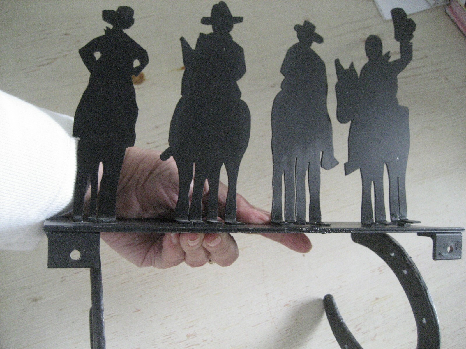 Vtg LG Black Wrought Iron COWBOY WALL SHELF Western HORSESHOE Hooks HANDMADE