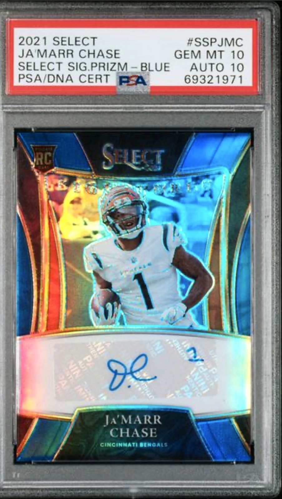 Ja'Marr Chase 2021 Select Signatures Blue Prizm 08/50 RC AUTO PSA 10/10 POP 1 Ja'Marr Chase 2021 Select Signatures Blue Prizm 08/50 RC AUTO PSA 10/10 POP 1