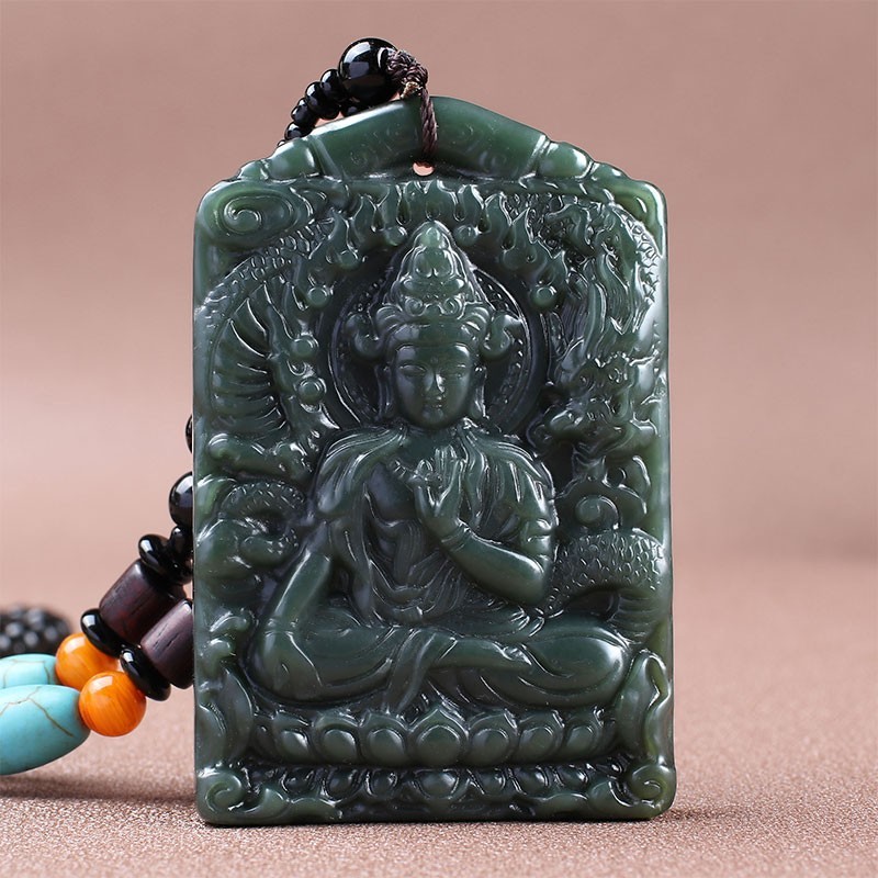 100% Chinses Hetian Jade Hand-carved Goddess of Mercy Necklace Pendant Amulet