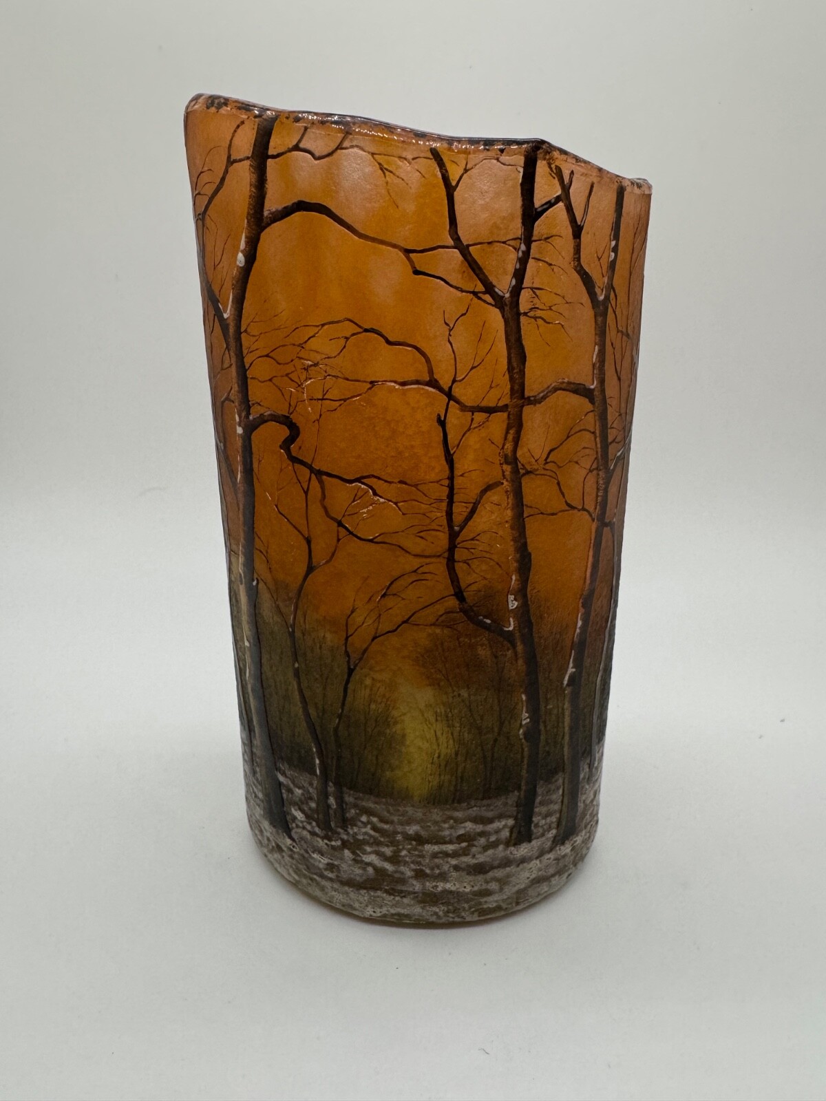 Antique French Daum Nancy Art Glass Acid Etched Winter Landscape Scene Vase