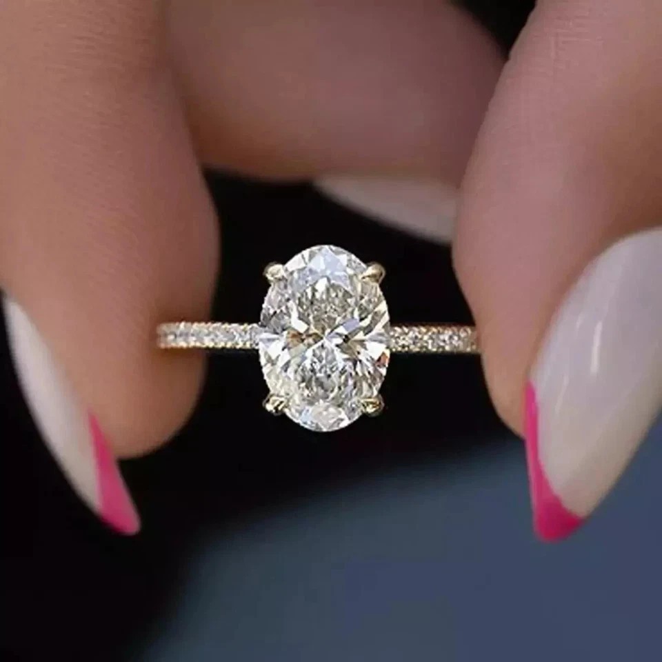 2CT Oval-Cut VVS1 Moissanite Solitaire Engagement Ring 14K Yellow Gold Plated