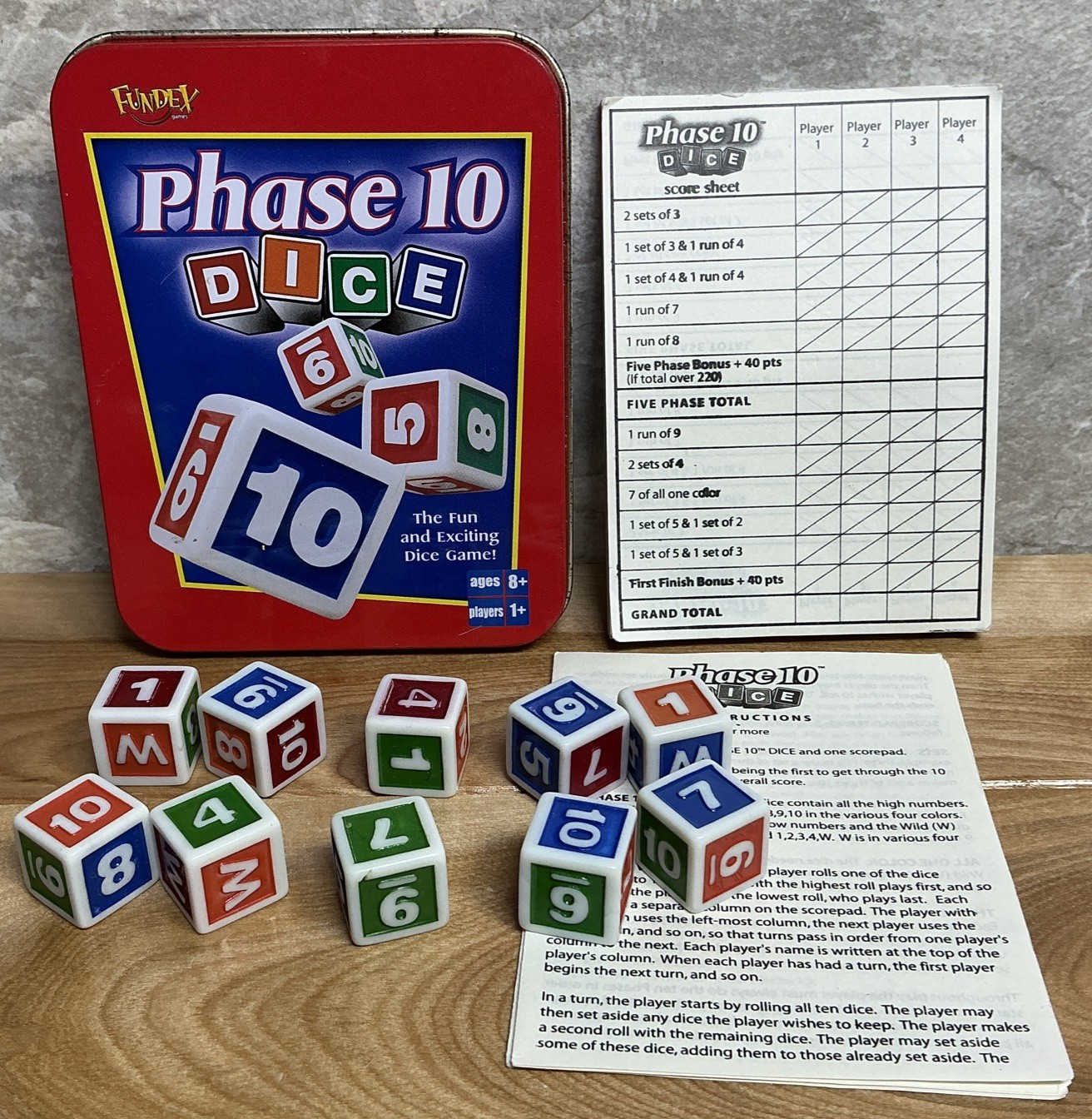 Vintage 2002 FUNDEX Phase 10 Dice Game Red Tin Version - Complete