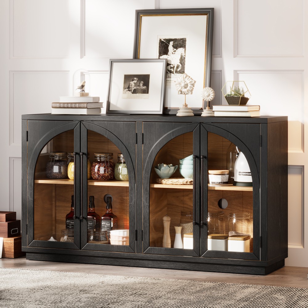 4-Door Large Storage Sideboard Buffet Arched Cabinet with Glass Doors 4-Door Large Storage Sideboard Buffet Arched Cabinet with Glass Doors