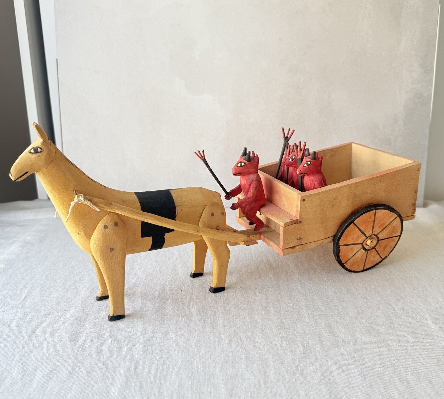 Early Oaxacan Wood Carving Devil Cart Horse Mexican Folk Art Diablo Wagon