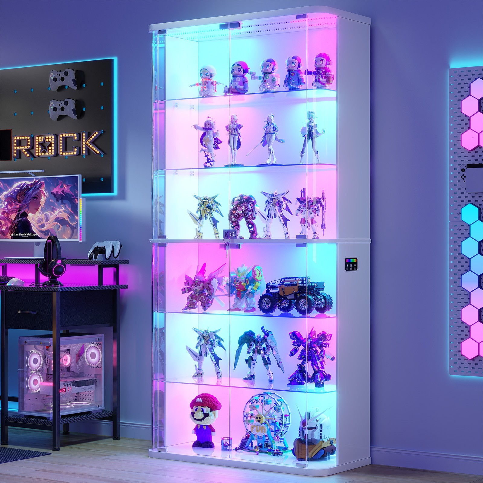 71in 6-Tier Rounded Curio Cabinet RGB Sensor Lockable Collectibles Display Case