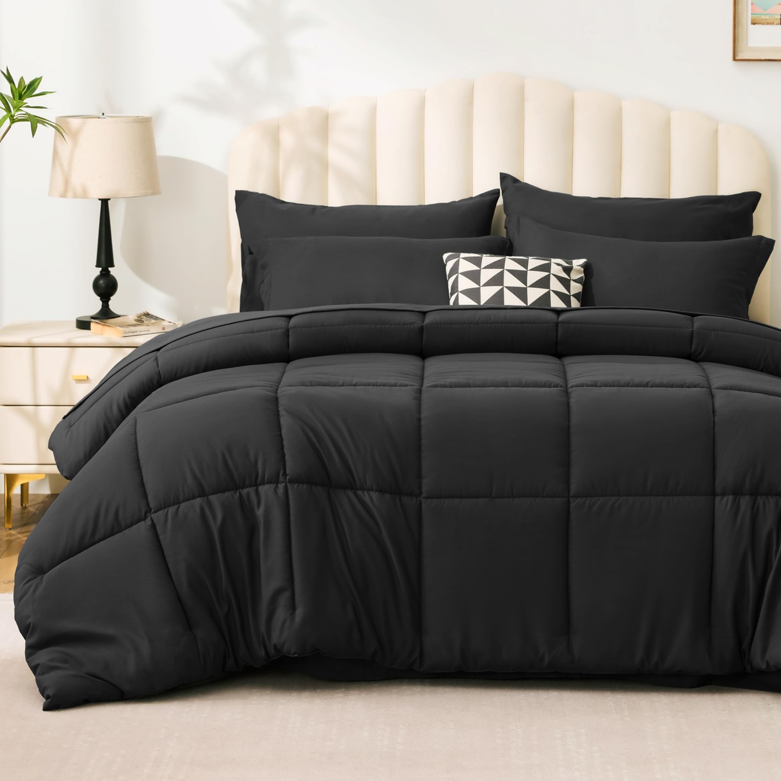 Love\'s cabin Queen Comforter Set Ash Black, 7 Pieces Queen, Black