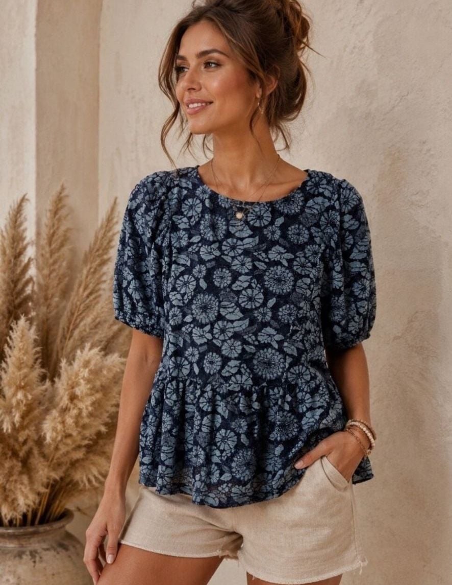 NWOT Anthropologie Dolan Floral Lace Puff Sleeve Peplum Top Blue Size L