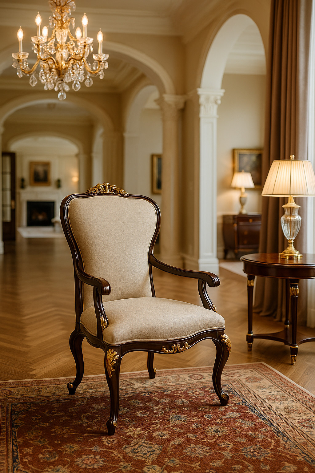 Luxury European High-Back Dining Armchair – Solid Wood – Champagne Upholstery