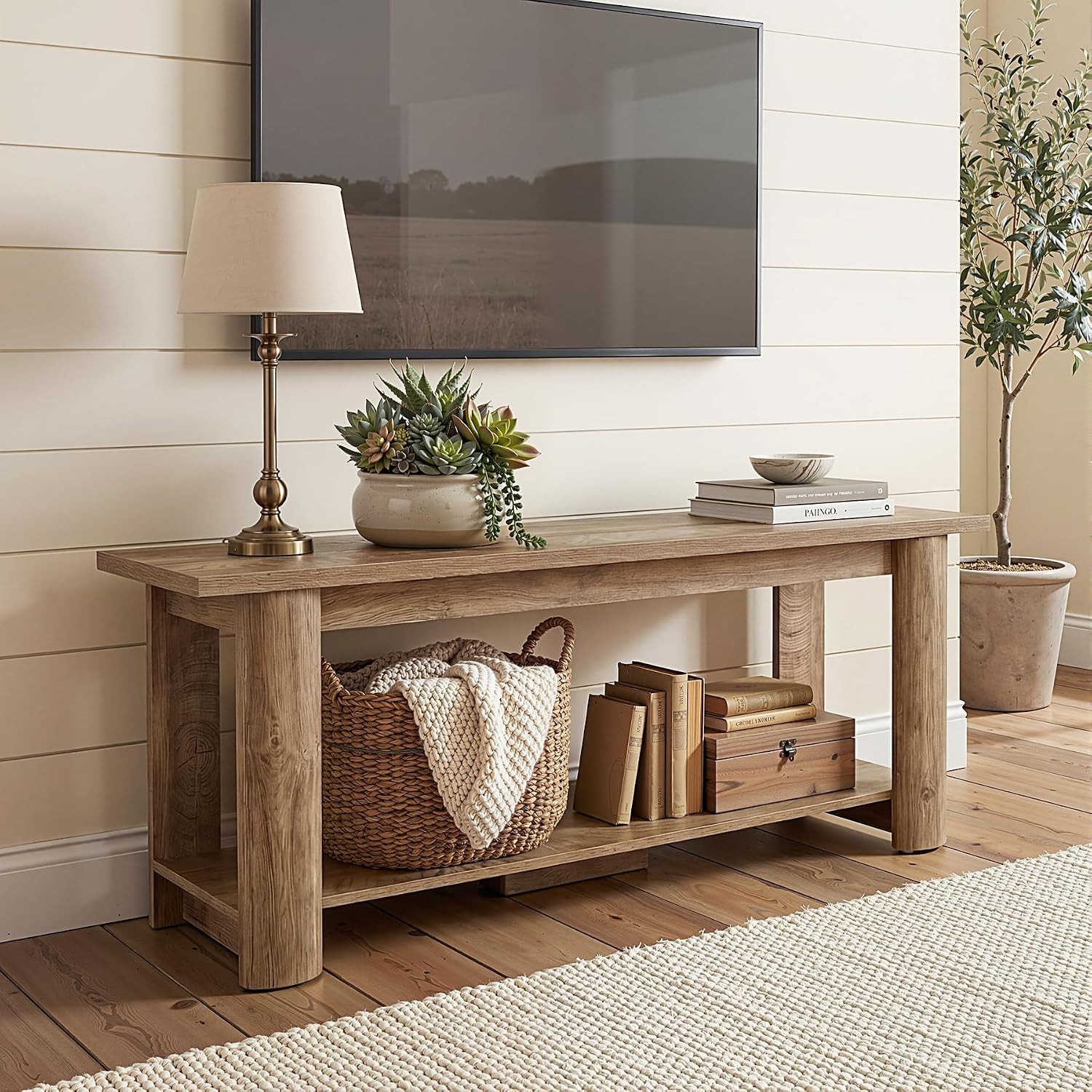 63-Inch Farmhouse Wooden TV Stand with Storage Spaces for TVs Up to 65 Inches