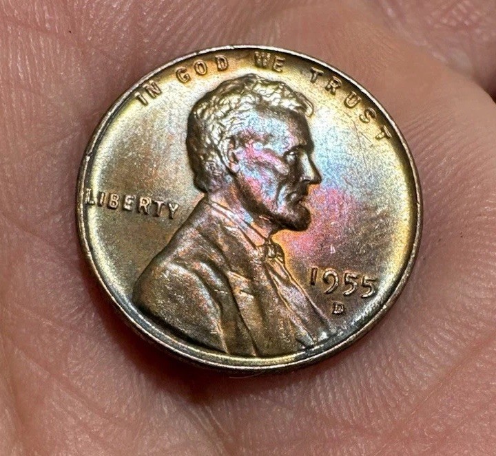 1955 d lincoln wheat penny, Toned 1955 d lincoln wheat penny, Toned