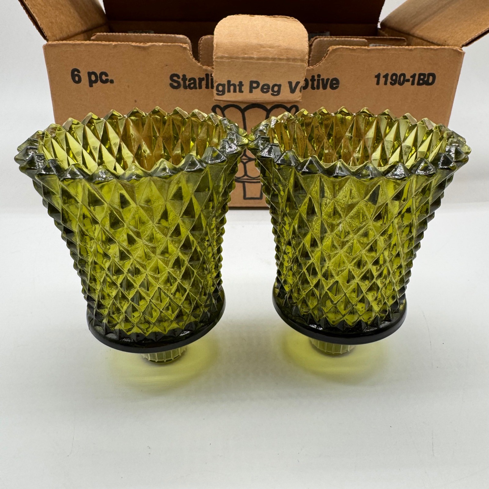 Vintage Homco Green Starlight Peg Votive Cups Diamond Point Candle Holder Pair