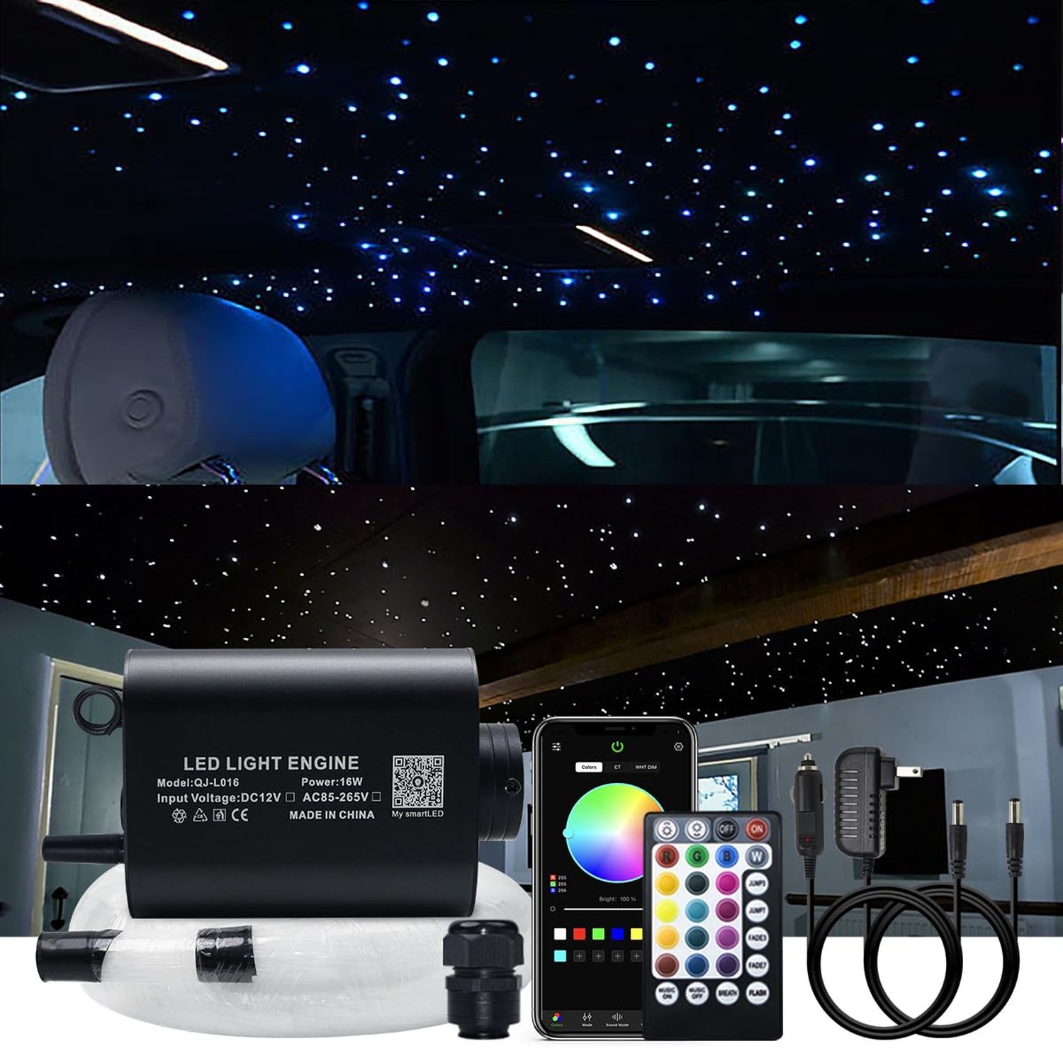 AKEPO 16W Fiber Optic Lights Star Ceiling Light Kit APP Control for Car & Hom...