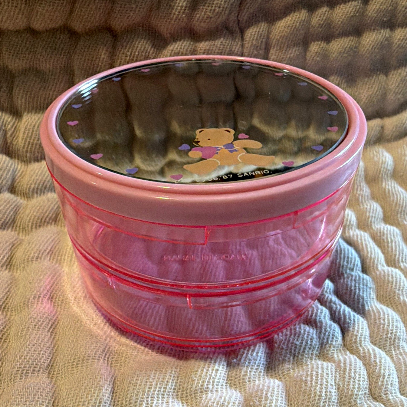 Sanrio Vintage Round Pink Plastic Trinket Box with Mirror Lid Made in Japan