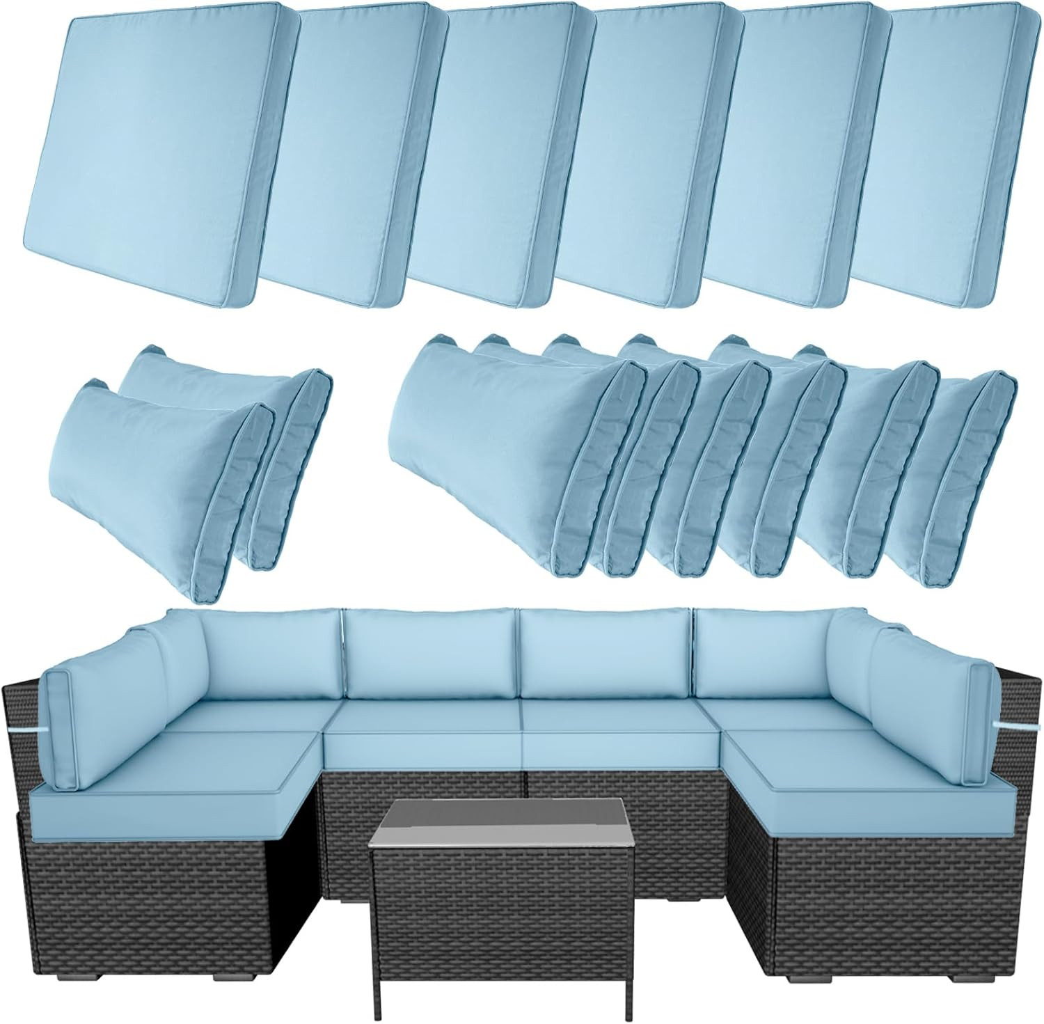 Light Blue 14-Piece Waterproof Patio Cushion Covers for 6-Seater Sofa Set Light Blue 14-Piece Waterproof Patio Cushion Covers for 6-Seater Sofa Set