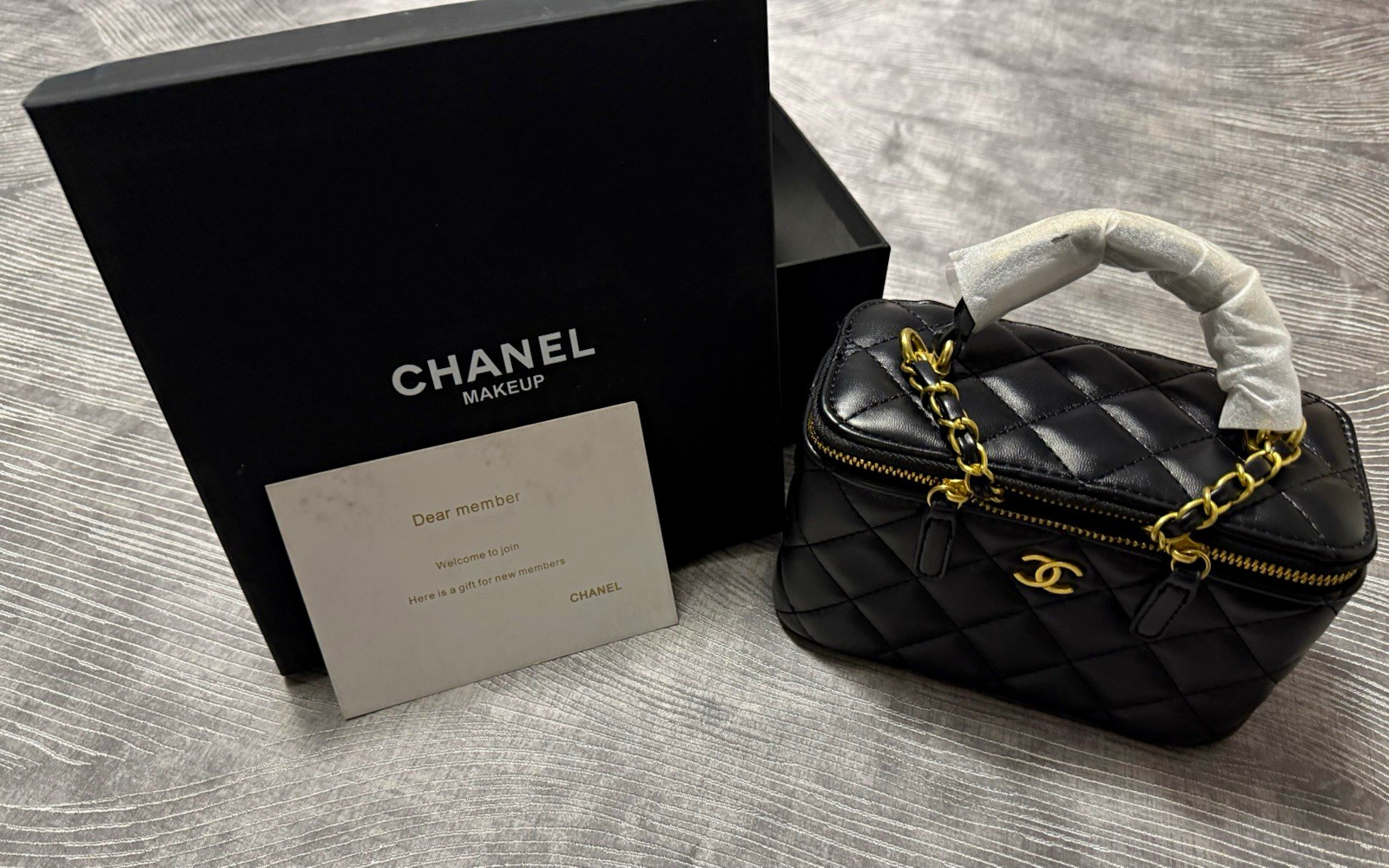 CHANEL BEAUTY Black Quilted Vanity Cosmetic Bag Gold Hardware Top Handl