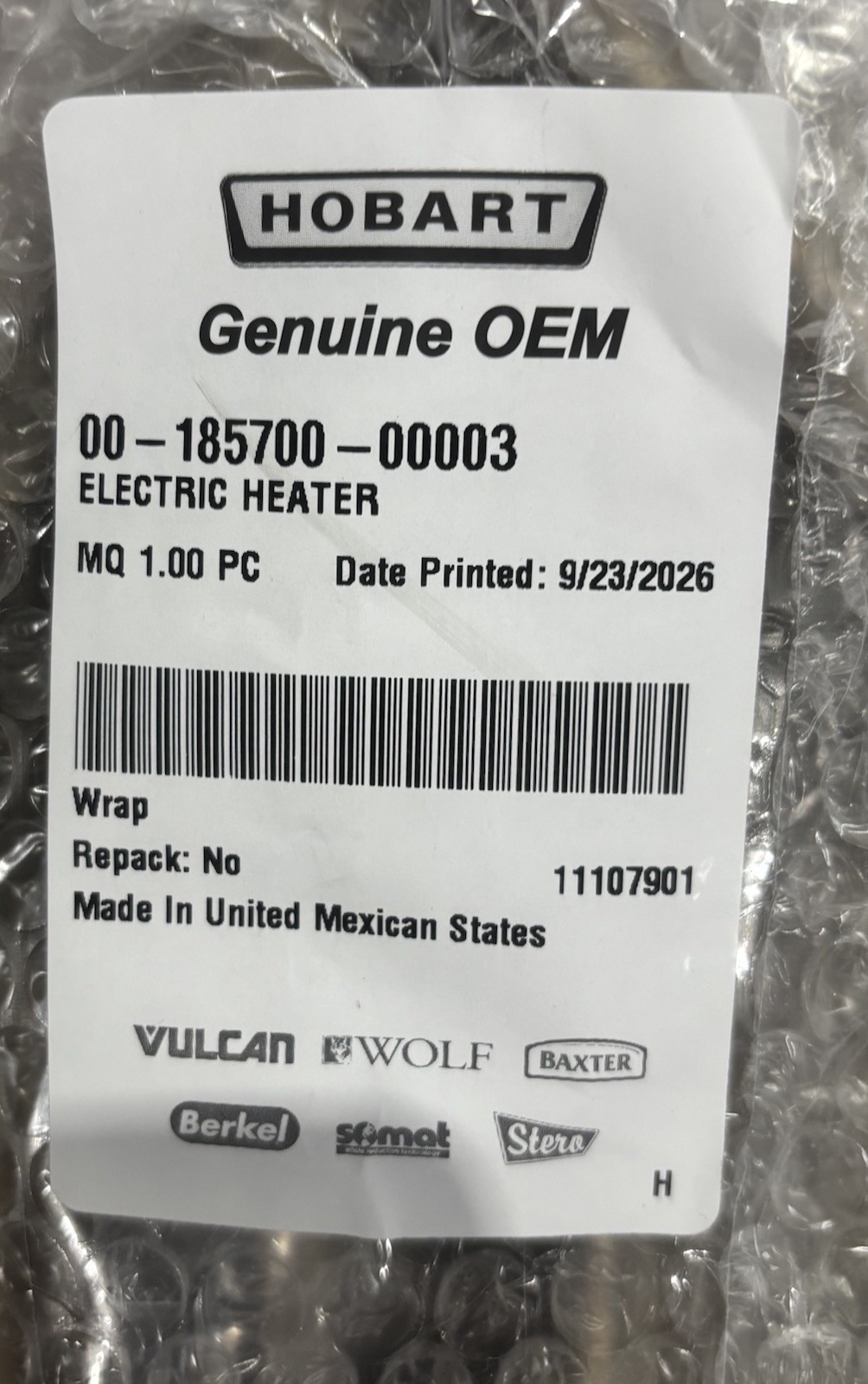 00-185700-00003 Hobart Electric Heater Genuine OEM - NEW