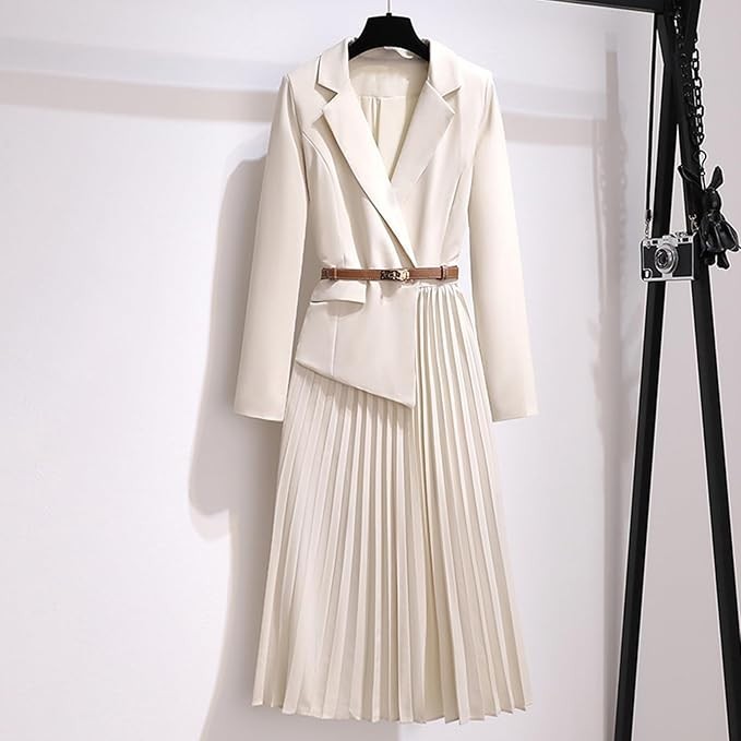 Women's Elegant V Neck Long Dress Long Sleeve Lapel Pleated Casual Blazer Dress
