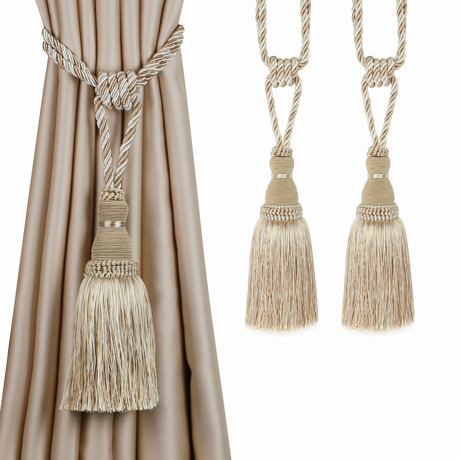 BEL AVENIR 2 Pack Curtain Tiebacks Tassel Drapery Tie-Backs Rope A1221- MIXBEIGE