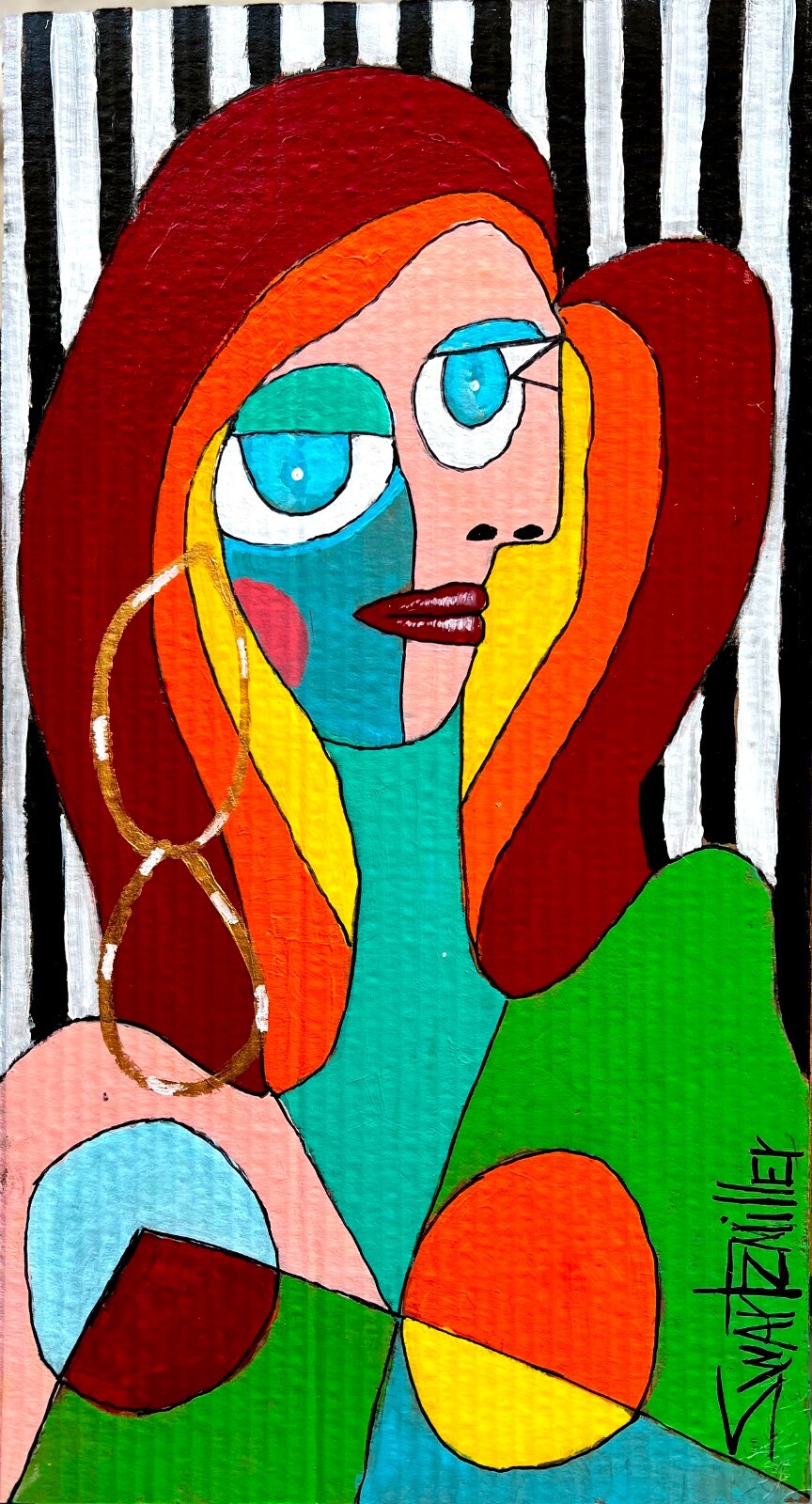 Original colorful PICASSO STYLE PAINTING upcycle LADY 13x20 SWARTZMILLER DNA ART