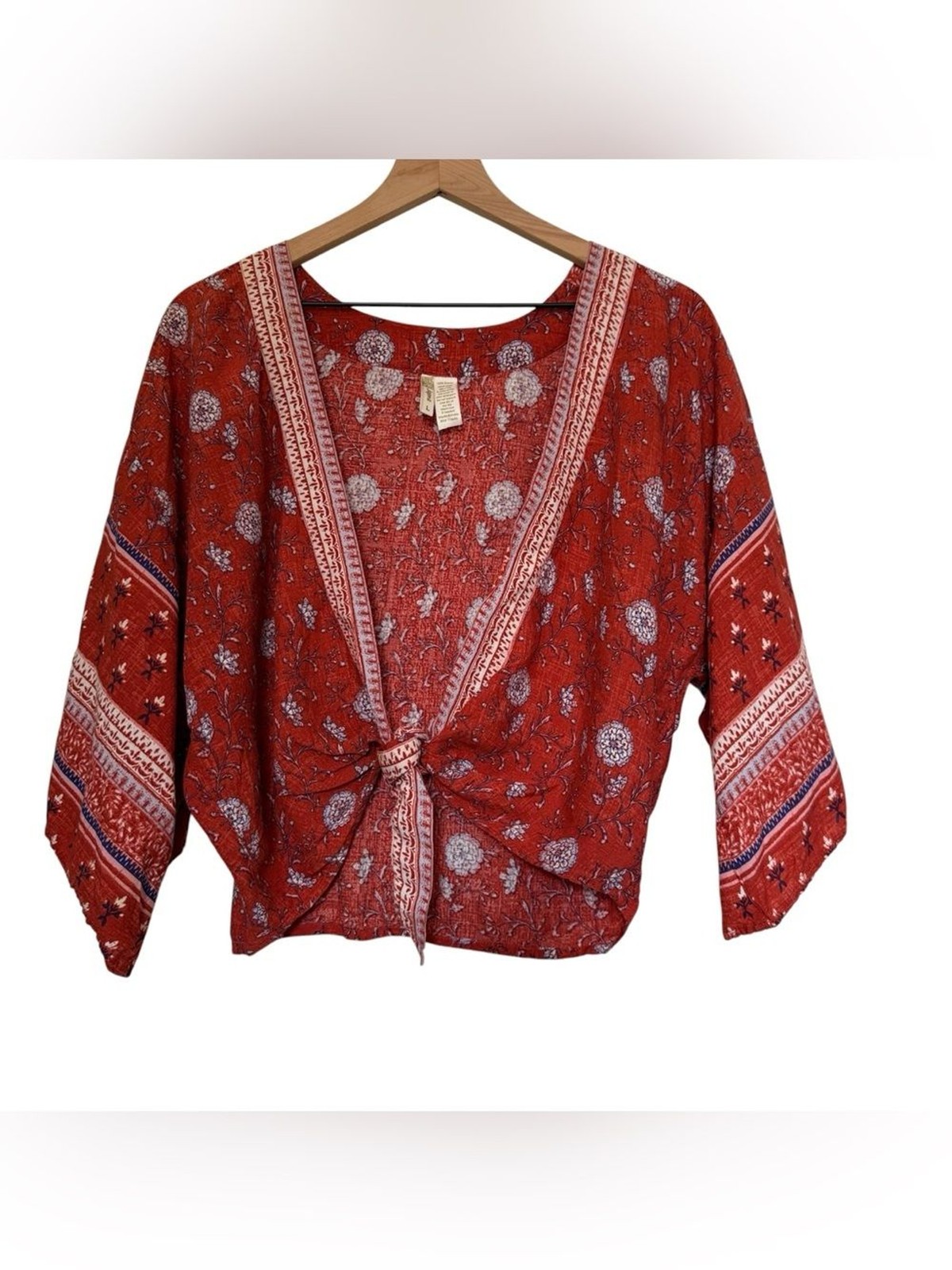Boho Tie-Front Rusty Red Floral Kimono Top