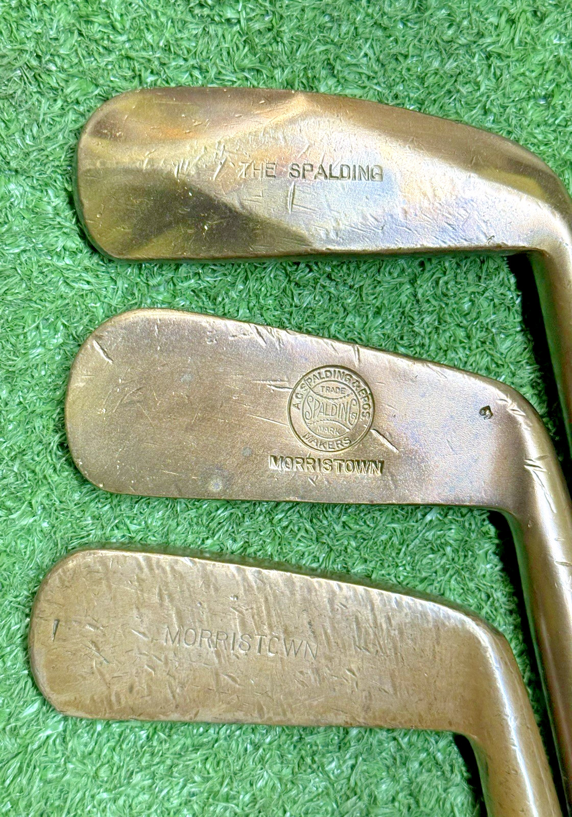3 Vintage 1890\'s Spalding Hickory Wood Shaft Gun Metal Putters