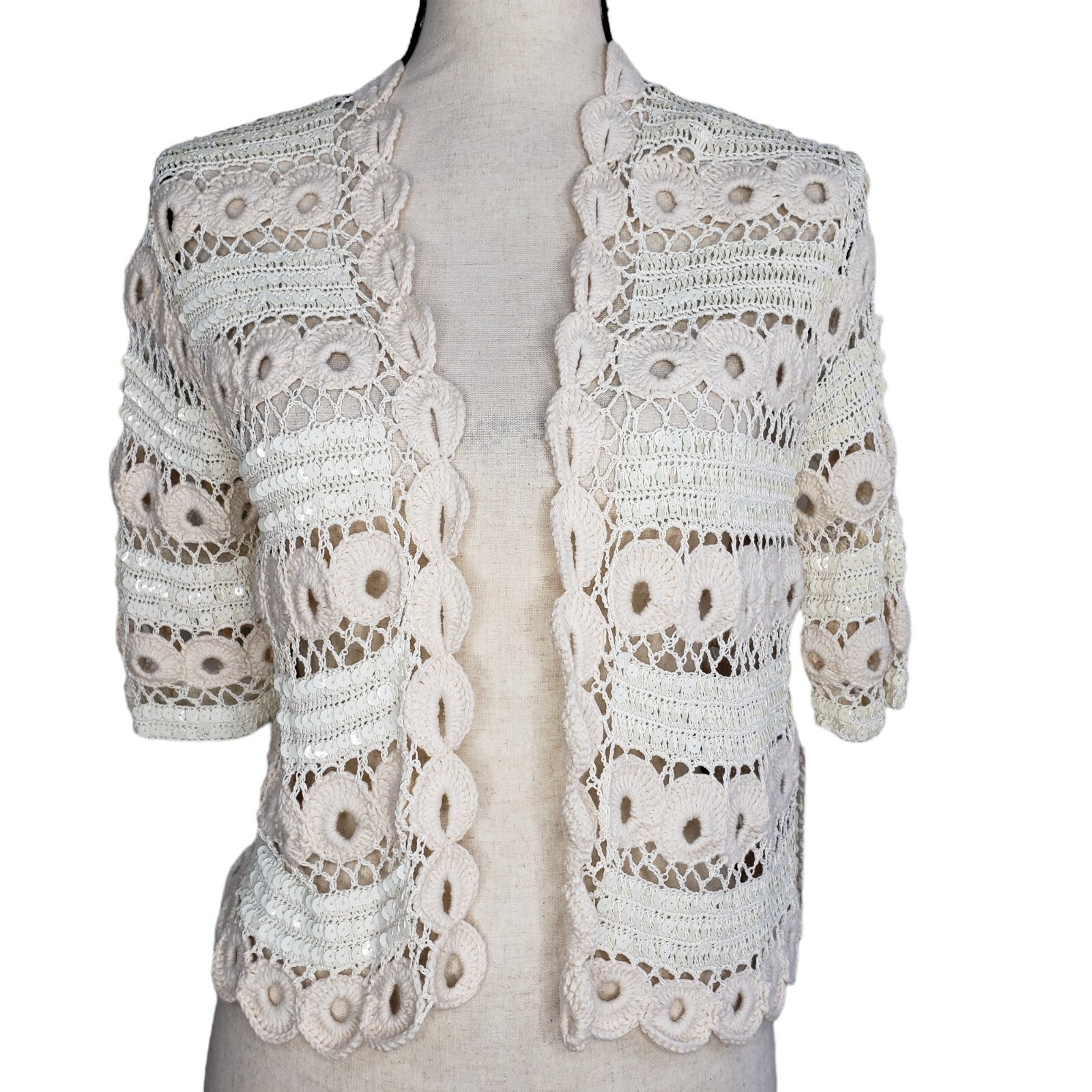 Chicos Open Front Cardigan Sweater Medium 1 Beige Knit Sequin Lovely Lucelle NWT Chicos Open Front Cardigan Sweater Medium 1 Beige Knit Sequin Lovely Lucelle NWT