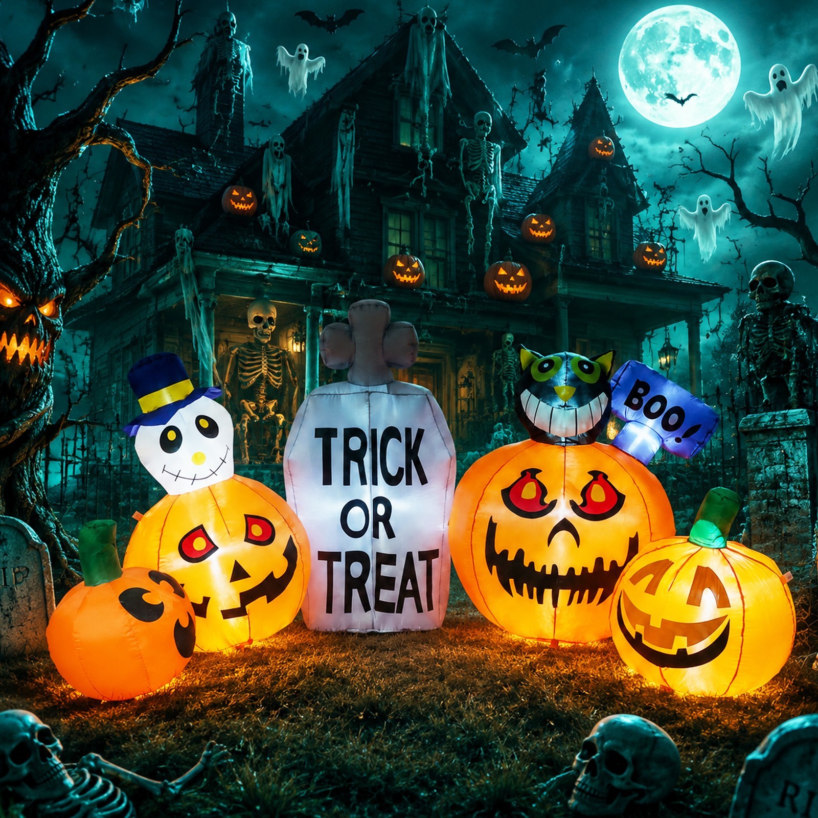 8FT Halloween Inflatable Pumpkin Tombstone with LED Lights, Outdoor Patio Garden 8FT Halloween Inflatable Pumpkin Tombstone with LED Lights, Outdoor Patio Garden