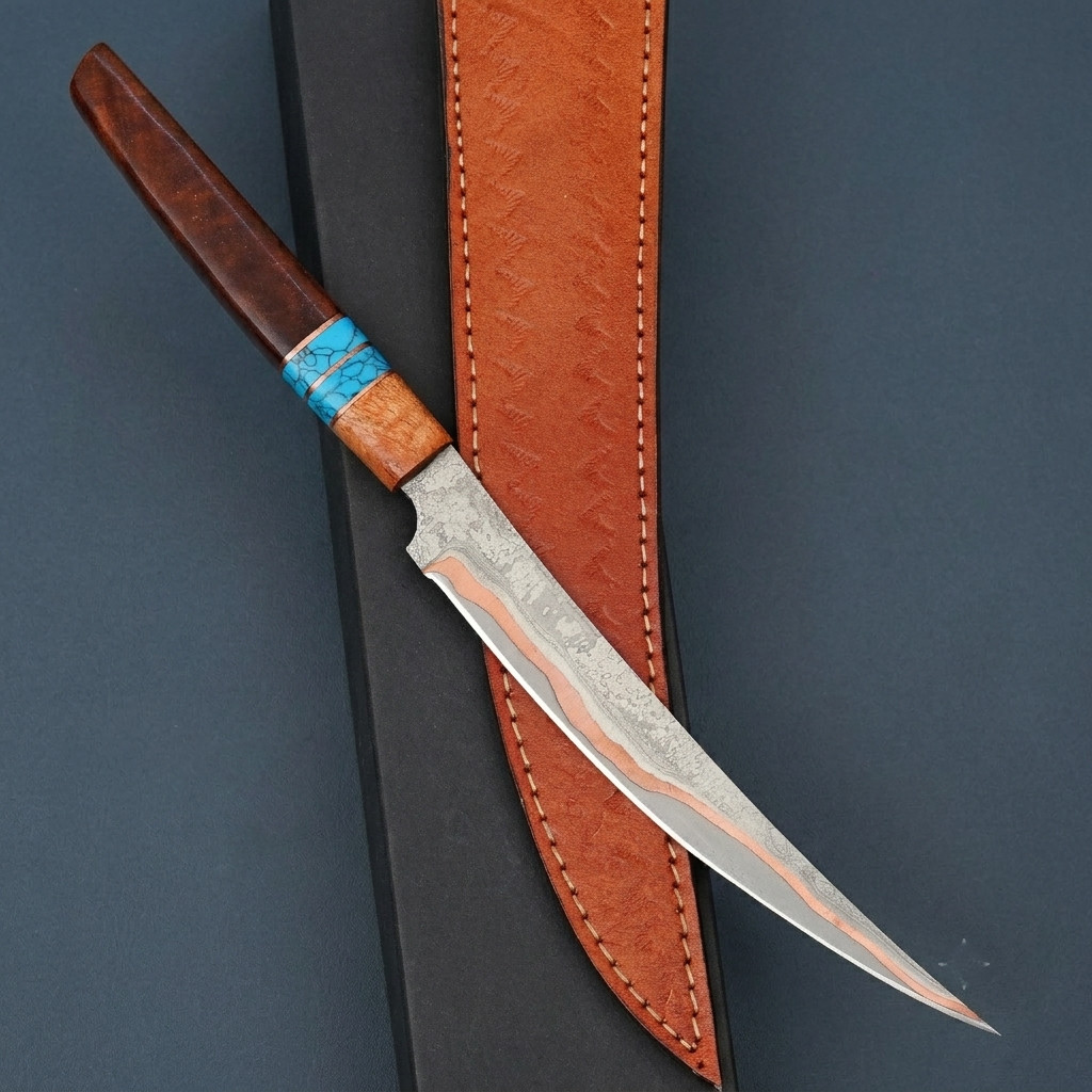 Handmade Copper Damascus Fillet Knife Best For Hunting Fishing Knife With Sheath Handmade Copper Damascus Fillet Knife Best For Hunting Fishing Knife With Sheath