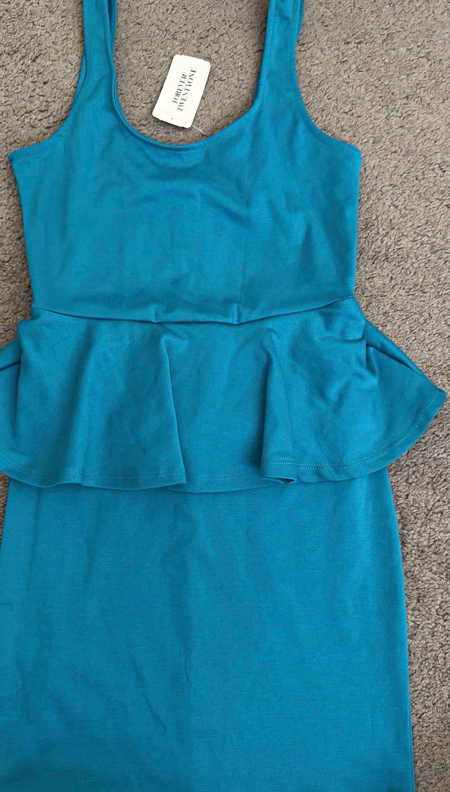 Forever 21 Women\'s Teal Solid Bodycon Peplum Ruffle Scoop Neck Dress S Forever 21 Women\'s Teal Solid Bodycon Peplum Ruffle Scoop Neck Dress S