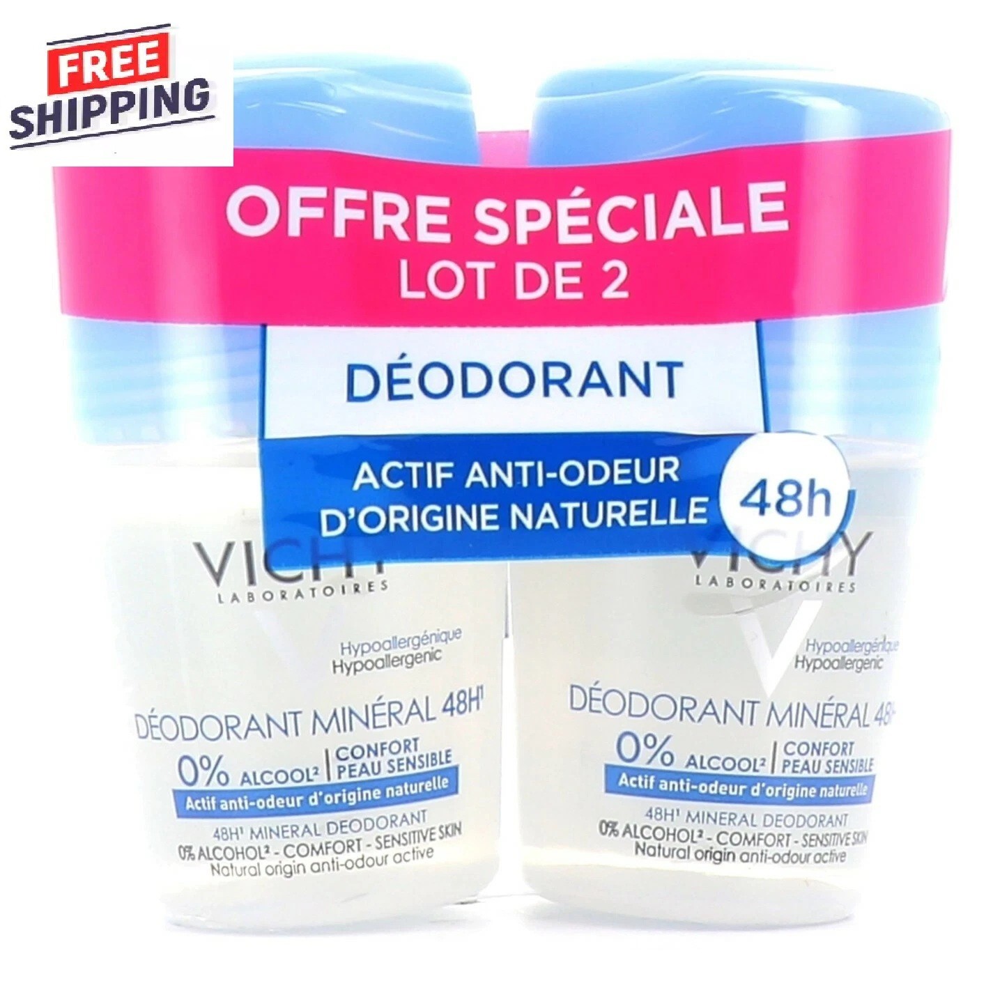 2 PACK  VICHY 48H Mineral Deodorant Roll-On, without aluminium salts, 50ml