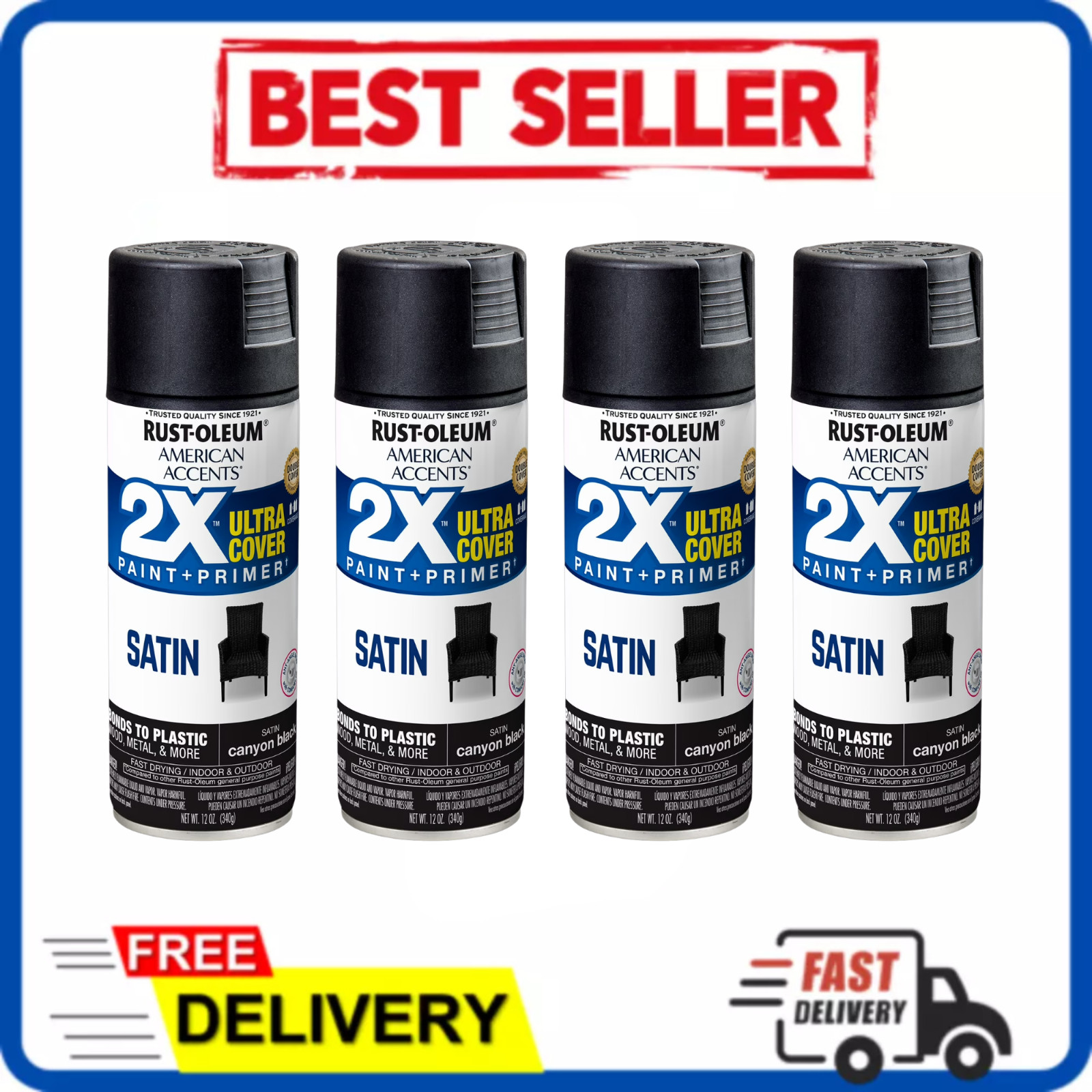 4 Pack Rust-Oleum American Accents 2X Ultra Cover Satin Canyon Black Spray Paint