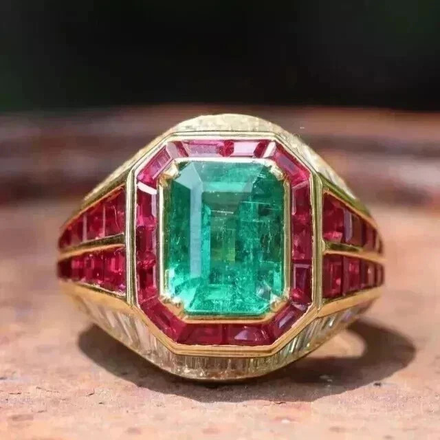 3.15Ct VVS1 Lab-Created Emerald & Ruby Men\'s Anniversary Ring 14K Yellow Gold FN