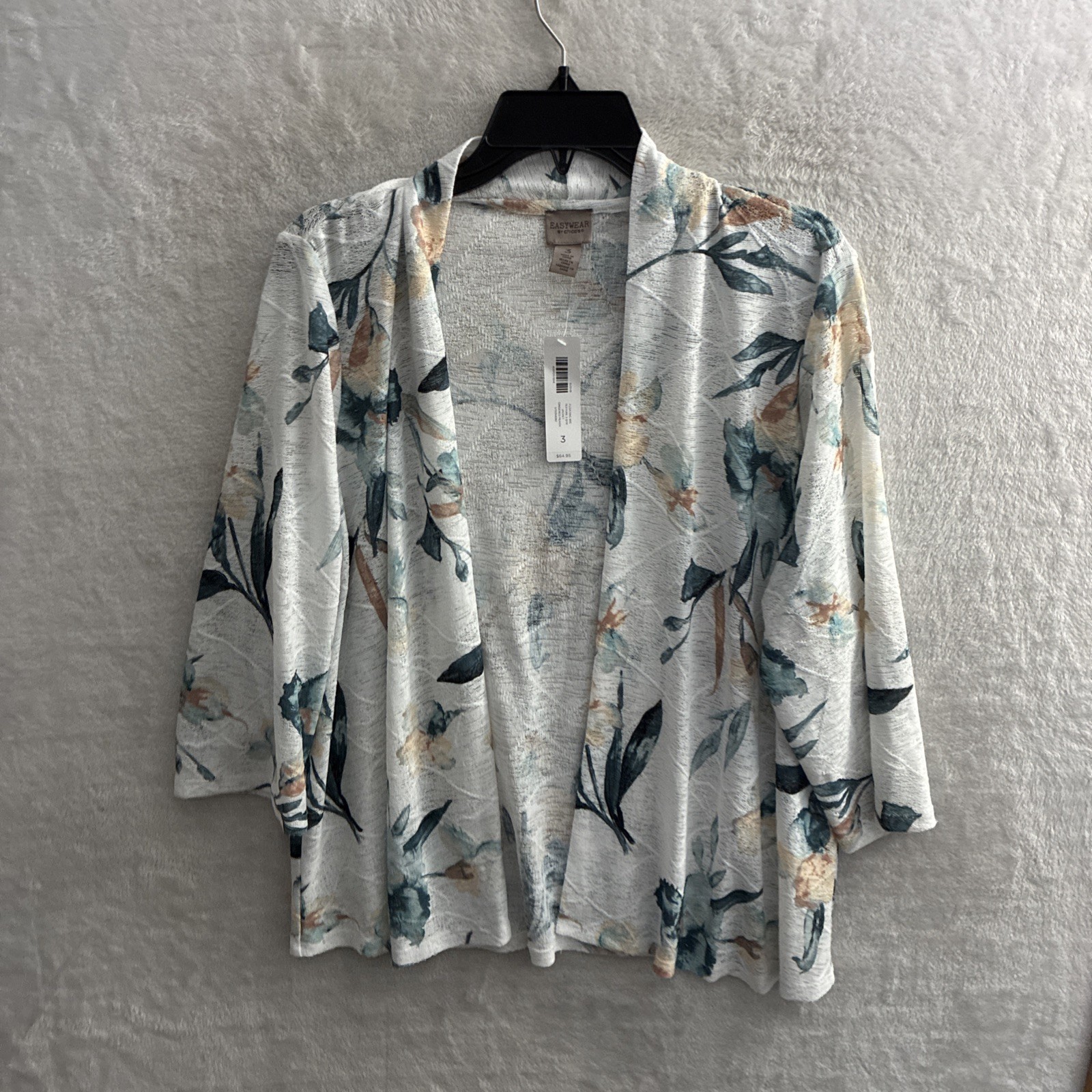 NEW Chicos Womans Open Front Top White Floral XL 3 Polyester Long Sleeve 