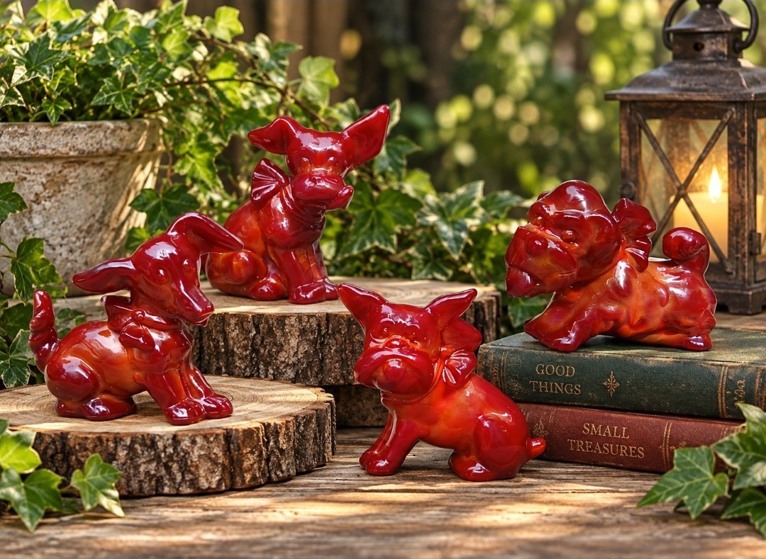 Boyd Glass Parlor Pups Complete Set 4 Bermuda Slag Cadmium UV Glow - RARE