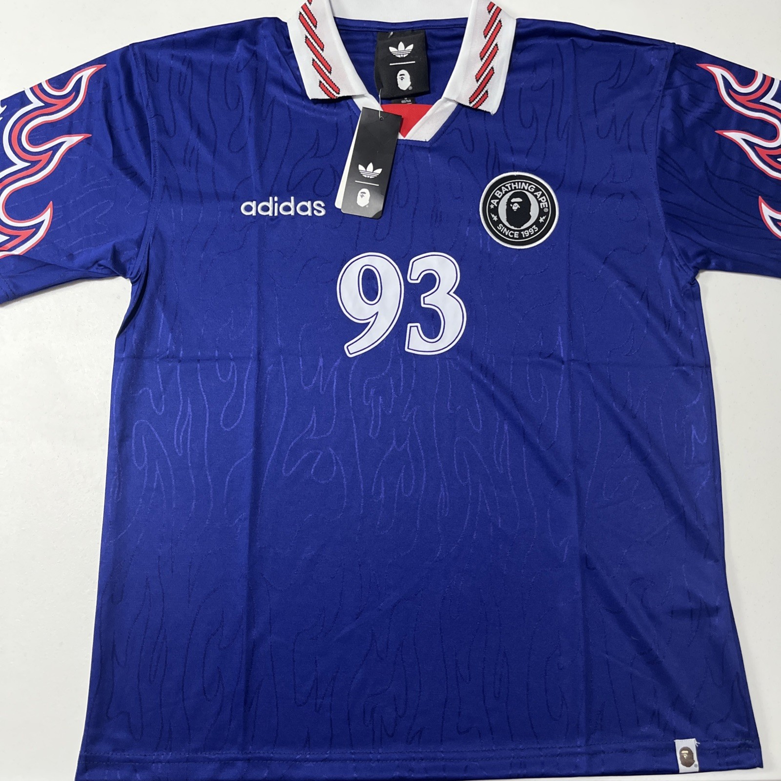 Adidas x BAPE SSL Flame Jersey Blue 93 Soccer Jersey Mens Size L Adidas x BAPE SSL Flame Jersey Blue 93 Soccer Jersey Mens Size L
