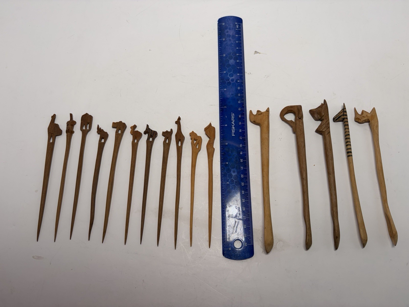 Vintage Hand Carved Wood Hair Sticks Pins Lot of 16 Animal Bird Folk Art