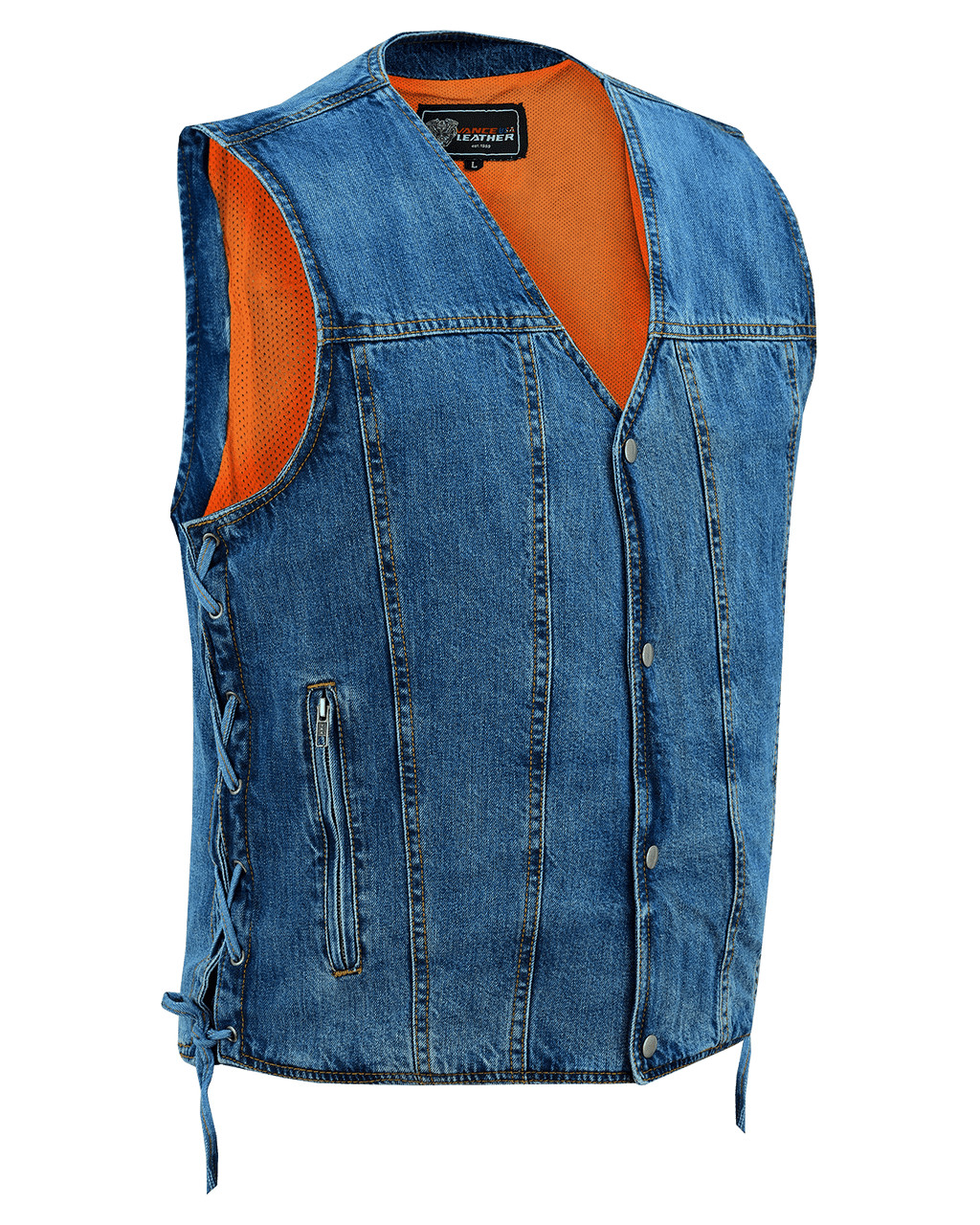 Vance Mens Blue V-Neck Denim Vest for Motorcycle Riders