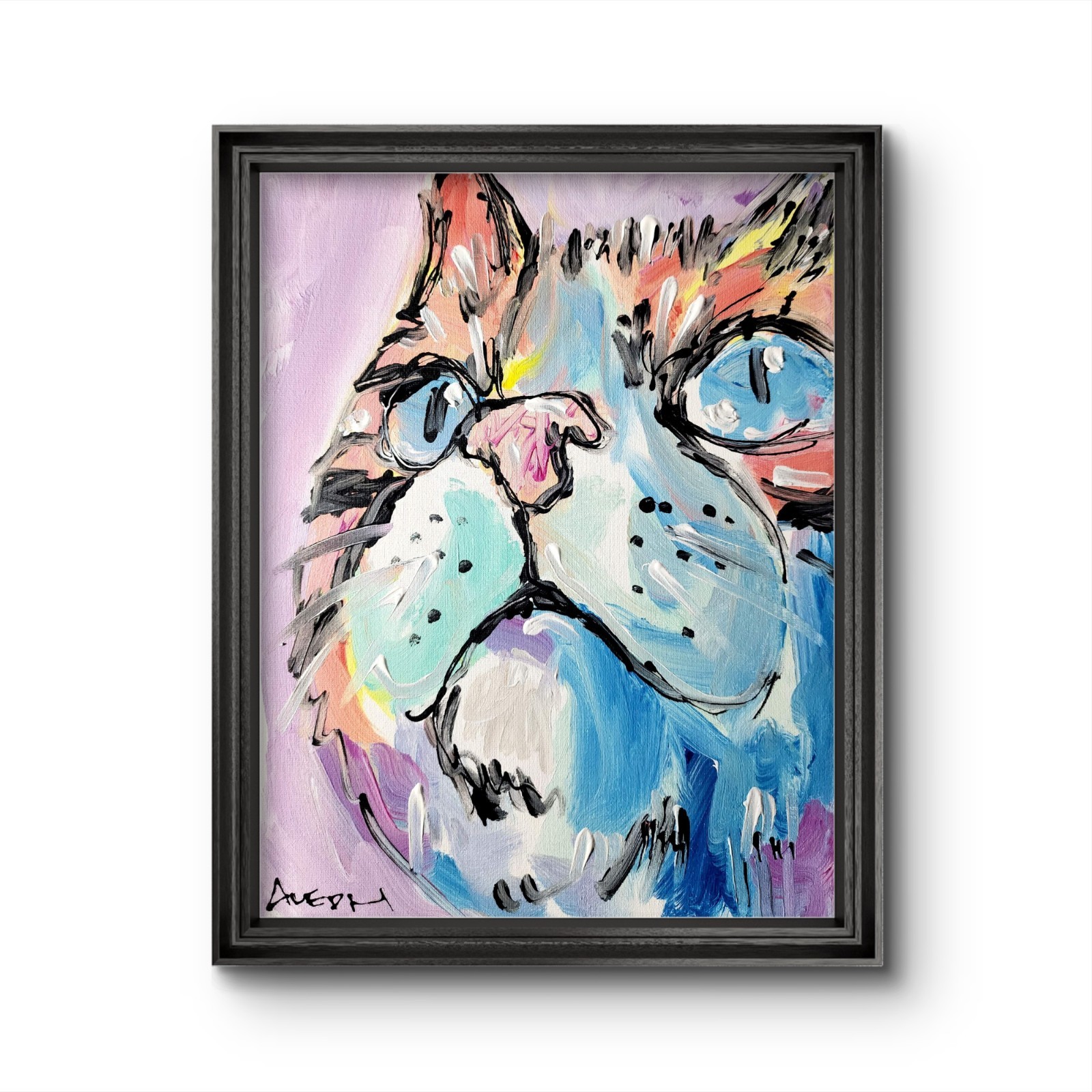 Original Abstract Painting Cat Canvas Neo Expressionist Fine Art Decor 11x14