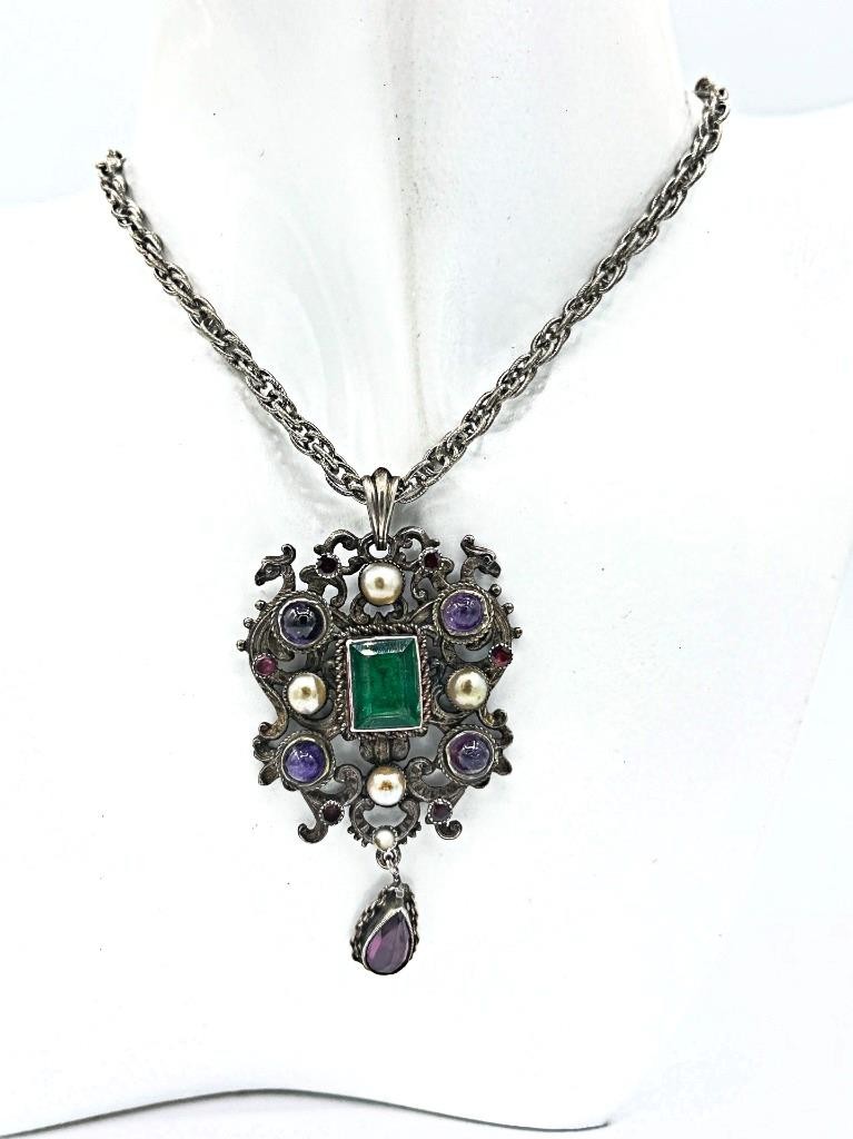 Antique Austro-Hungarian 800 Silver Dragon Necklace w/ Amethyst Garnet & Pearls