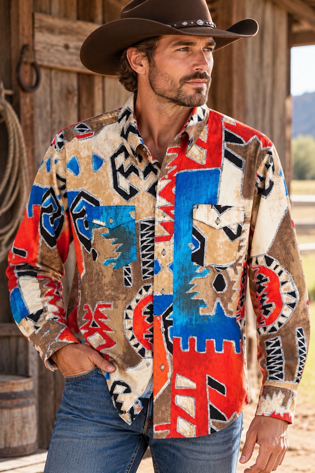 Vintage Wrangler Brush Popper Aztec Western Cowboy Shirt 16 1/2-34 X-Long Tails Vintage Wrangler Brush Popper Aztec Western Cowboy Shirt 16 1/2-34 X-Long Tails