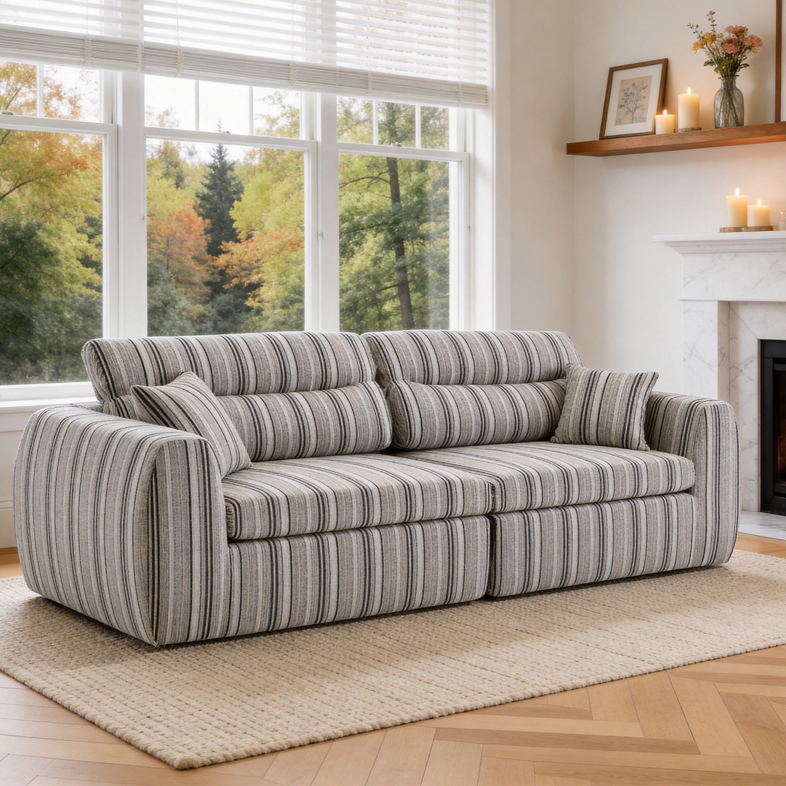 Woven Chenille Striped Compression Sofa,Straight Row Compact Couch w/High-Densit