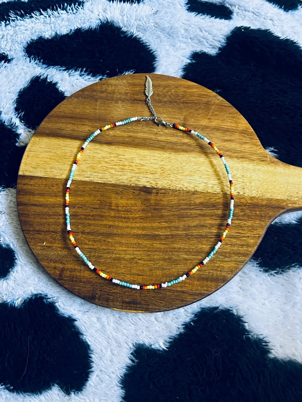 Western Seed Bead Necklace w/ Feather Charm. Adjustable. turq. pearl sunset