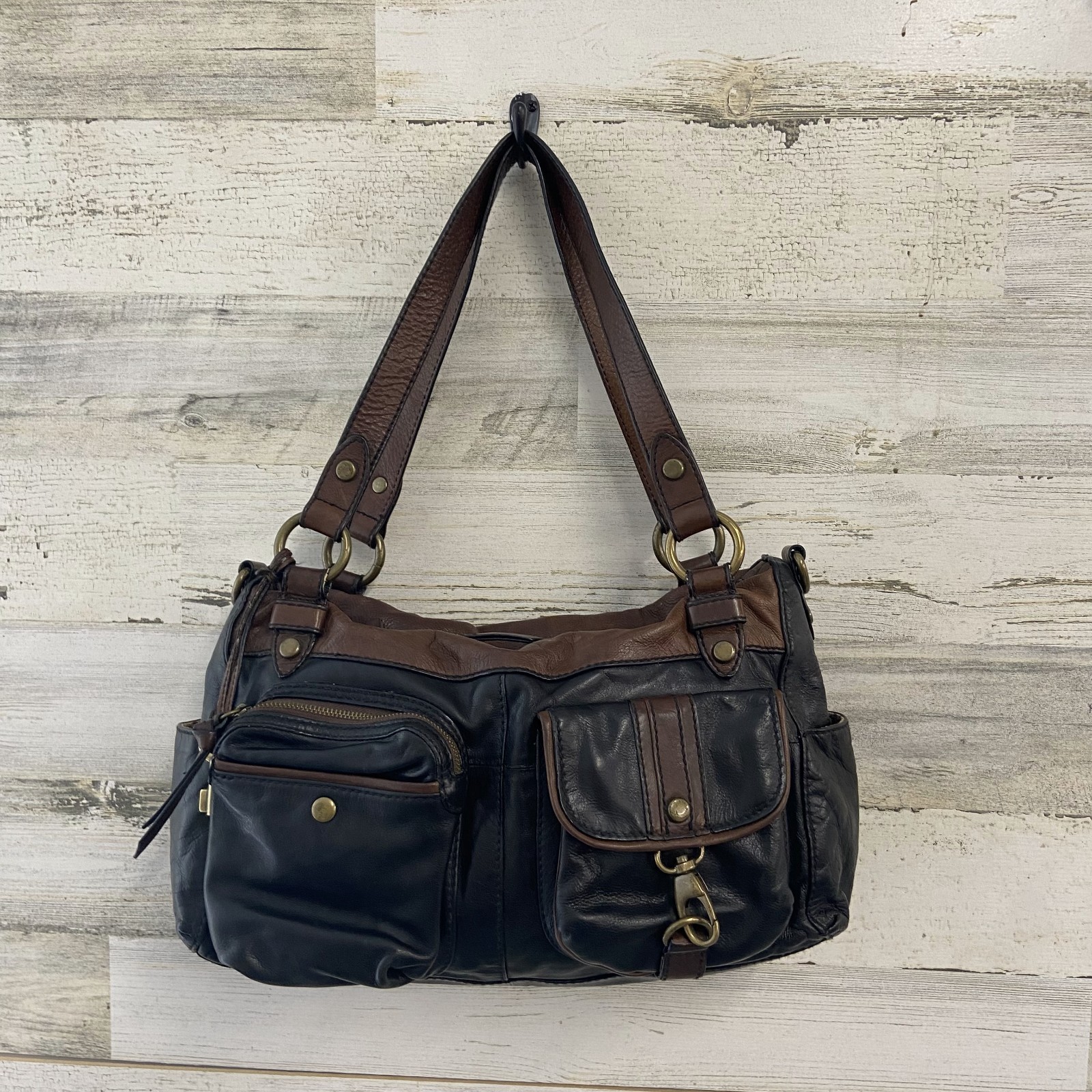 Y2K Fossil VTG Leather Satchel Black Brown Floral Lining Pockets Shoulder Bag Y2K Fossil VTG Leather Satchel Black Brown Floral Lining Pockets Shoulder Bag