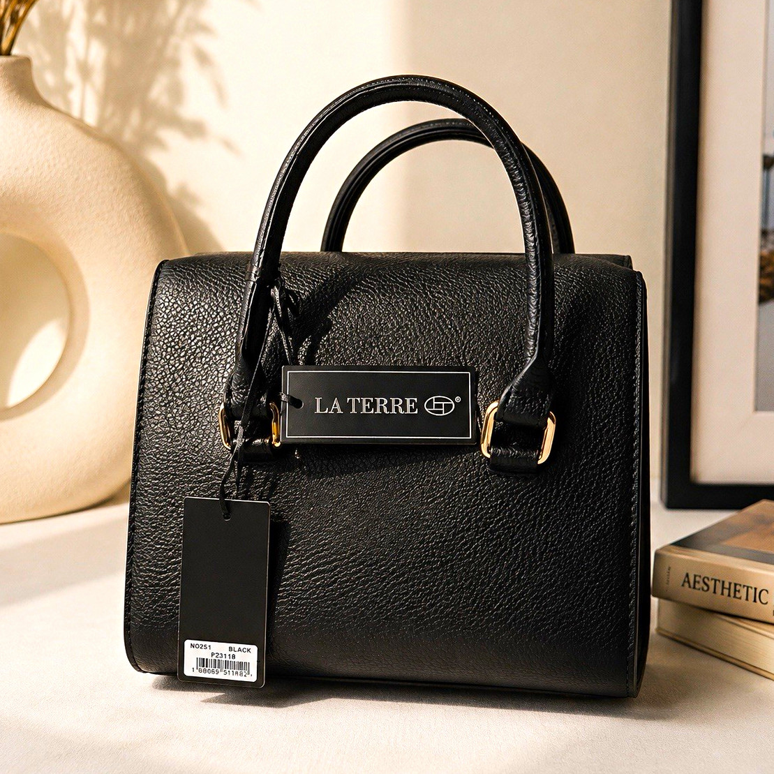 LA TERRE Black Pebbled Satchel Top Handle Bag Gold Hardware Zip w/ Hang Tag LA TERRE Black Pebbled Satchel Top Handle Bag Gold Hardware Zip w/ Hang Tag