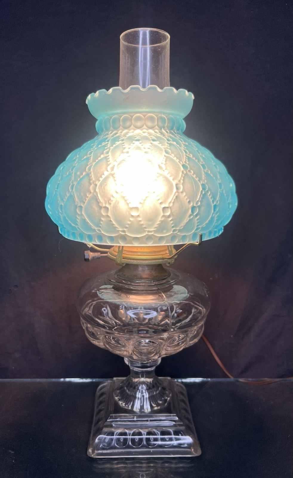 Antique 1910-1920 Converted Oil Lamp W Blue Fenton Diamond Quilt Satin Shade Antique 1910-1920 Converted Oil Lamp W Blue Fenton Diamond Quilt Satin Shade