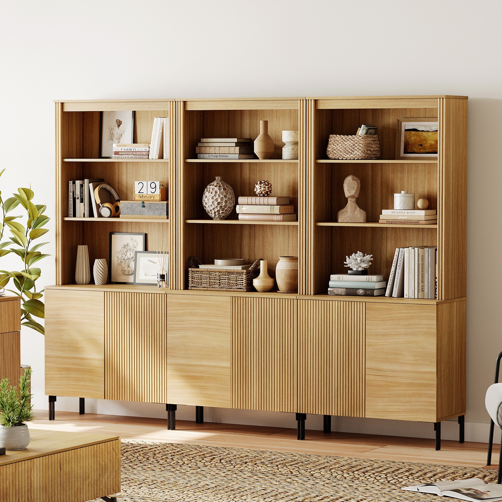 Bookcase Mid-Century Brown Wood Fluted Wave Bedroom Bookshelf Storage Furniture