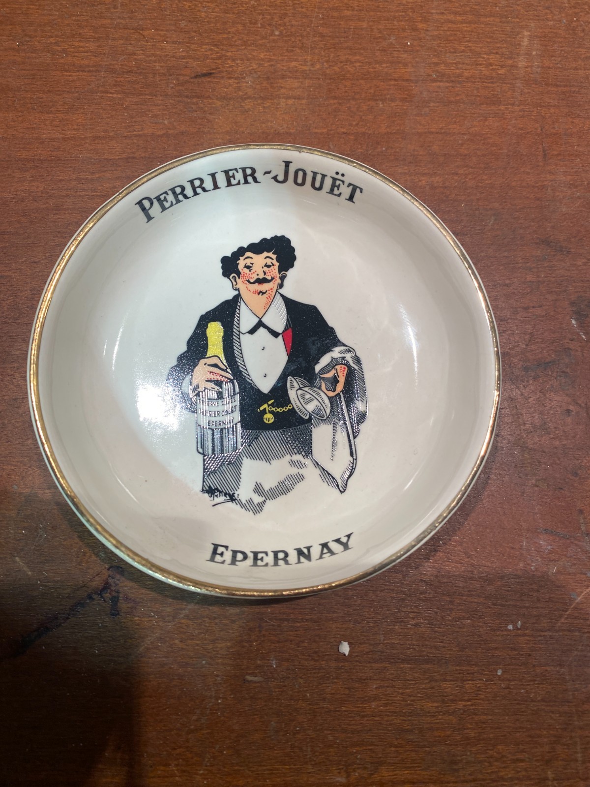 Vintage PERRIER-JOUET Ceramic Dish Champagne Waiter Gold Trim Epernay  LOT OF 4