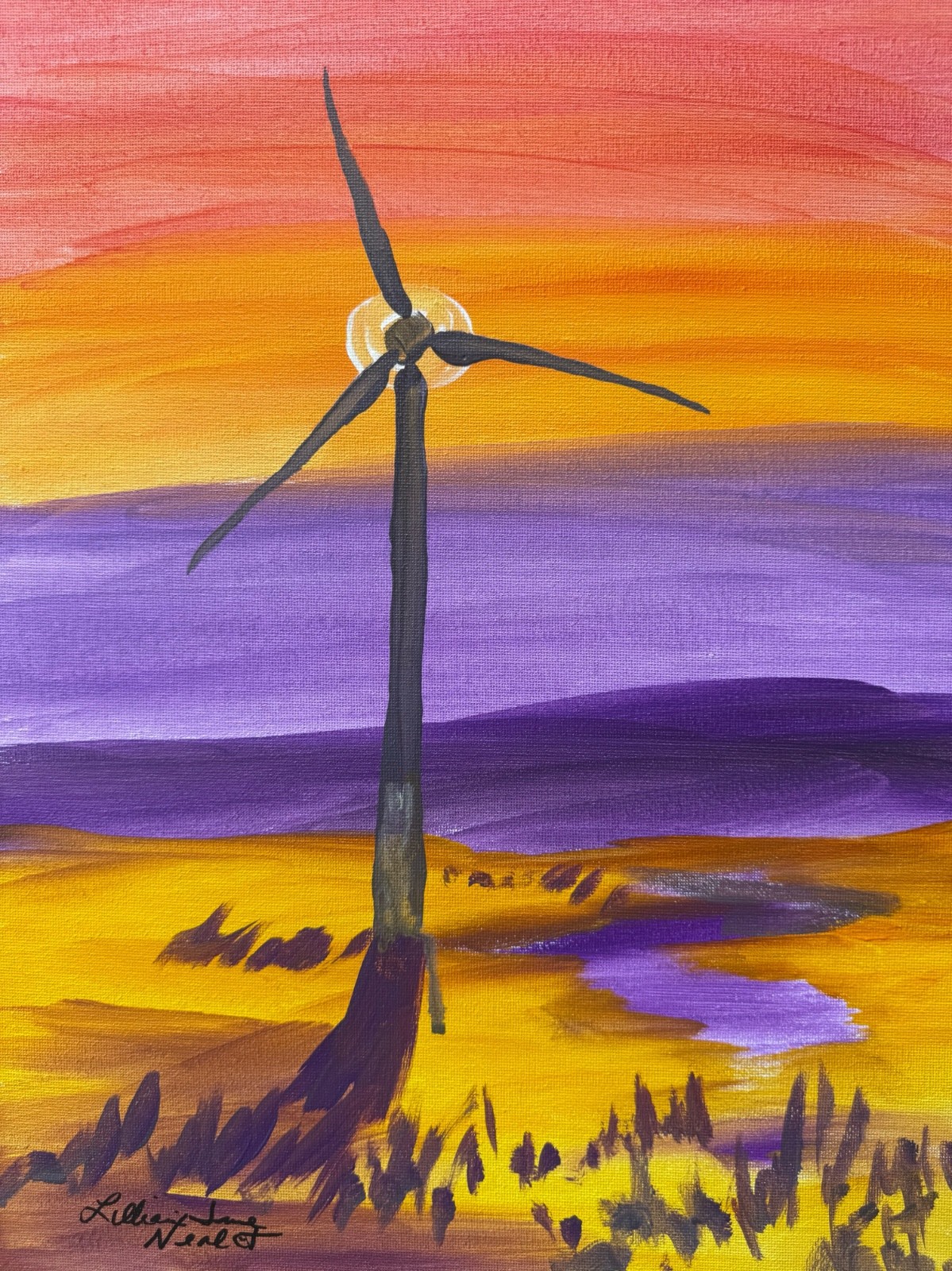 Neal Original Acrylic 12x16 Modern Wind Turbine Sunset Painting Signed Canvas