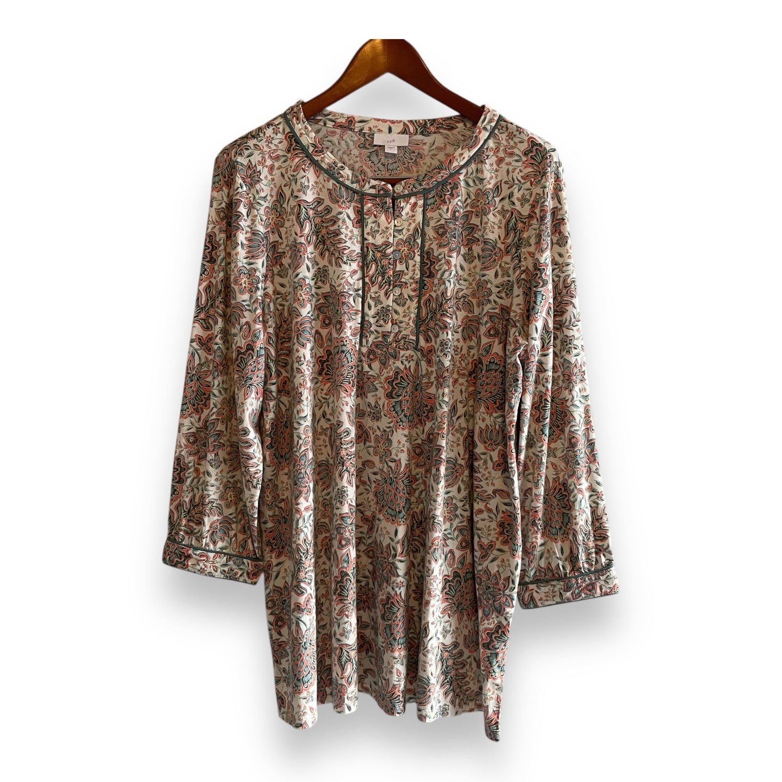 J. Jill Women Large Paisley Floral Tunic Top Cotton Tencel Modal Split Neck Teal J. Jill Women Large Paisley Floral Tunic Top Cotton Tencel Modal Split Neck Teal